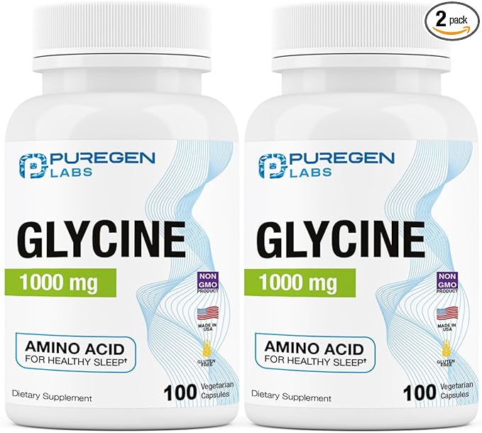 Puregen Labs Glycine 1000mg [High Potency] 100 Vegetarian Capsules, Promotes Healthy Sleep | No Harmful Additives | Non-GMO, NO Gluten and Dairy | Made in USA