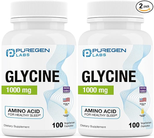 Puregen Labs Glycine 1000mg [High Potency] 100 Vegetarian Capsules, Promotes Healthy Sleep | No Harmful Additives | Non-GMO, NO Gluten and Dairy | Made in USA