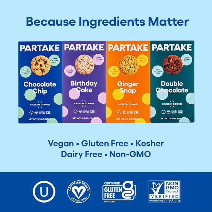 Partake Gluten Free Crunchy Cookies Variety Pack (Chocolate Chip, Ginger Snap, Graham Cracker) - Vegan - Free From the Top 9 Allergens Including Dairy, Wheat, Soy, Eggs, & Peanuts - Non GMO - Safe School & Office Snack (4 Pack, 5.5oz Boxes)