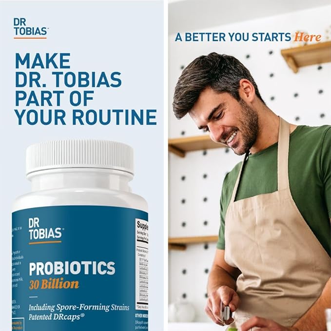 Dr. Tobias Probiotics 30 Billion, 10 Strains, 30 Billion CFU's, Targeted Release Probiotics for Women & Men, Supports Digestive Health, Shelf-Stable, Non-GMO, 60 Capsules, 60 Servings