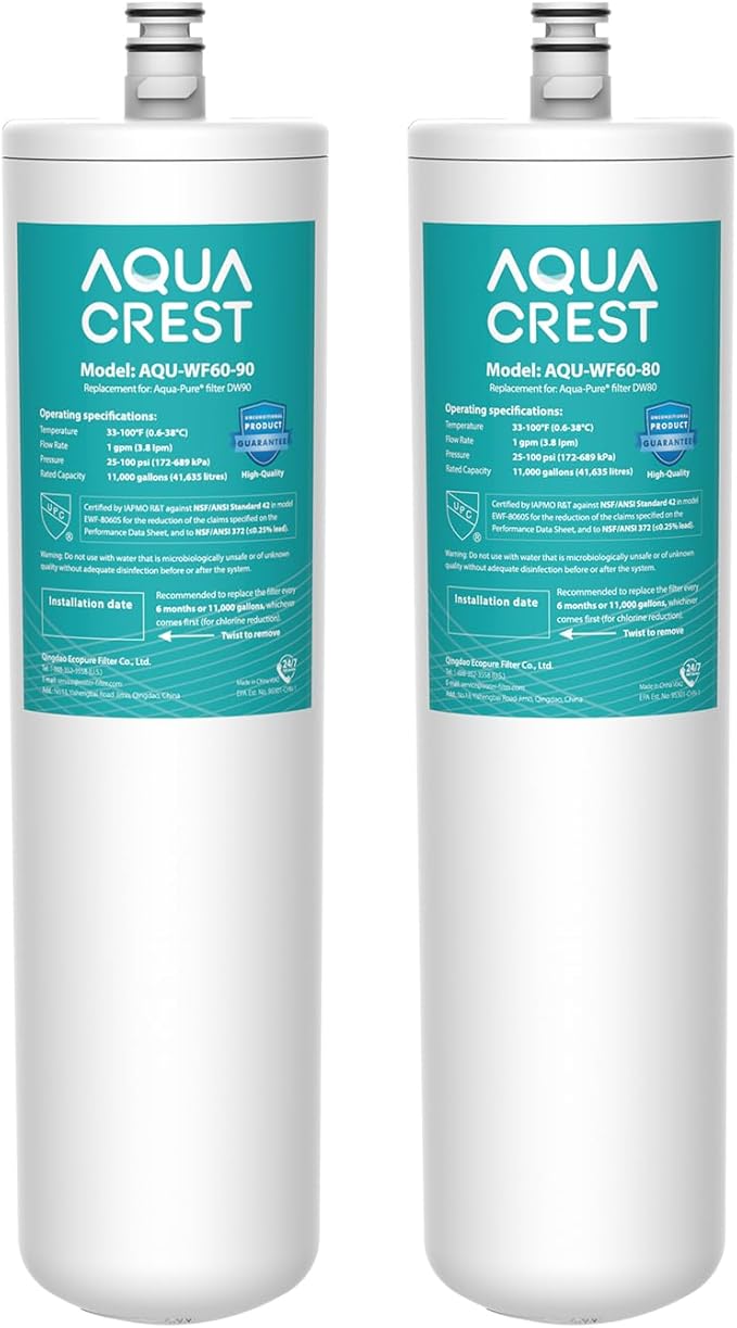 AQUACREST DW80/90 Under Sink Water Filter, Replacement for Aqua-Pure AP-DW80/90, AP-DWS1000, Kohler K-201-NA, Kohler K-202-NA (Pack of 2), Model No. WF60-80/90