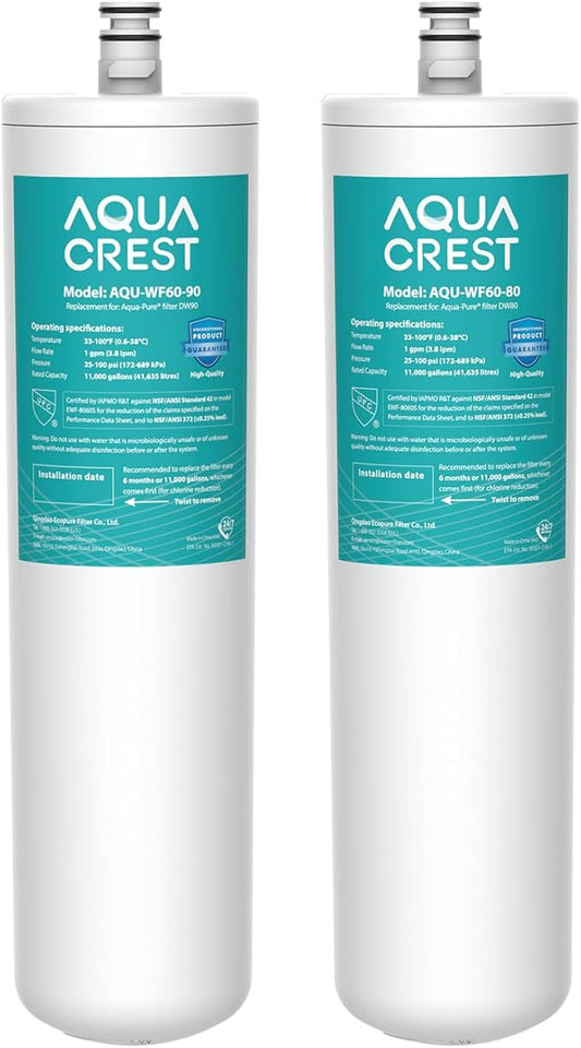AQUACREST DW80/90 Under Sink Water Filter, Replacement for Aqua-Pure AP-DW80/90, AP-DWS1000, Kohler K-201-NA, Kohler K-202-NA (Pack of 2), Model No. WF60-80/90