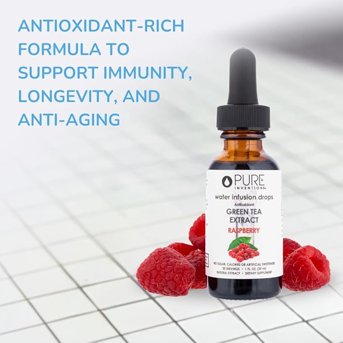 Pure Inventions - Green Tea Raspberry Water Infusion Drops - Antioxidants & Electrolytes - Health & Wellness Drink - Immunity Support - Sugar Free, Zero Calorie, No Artificial Sweeteners - 30 Servings