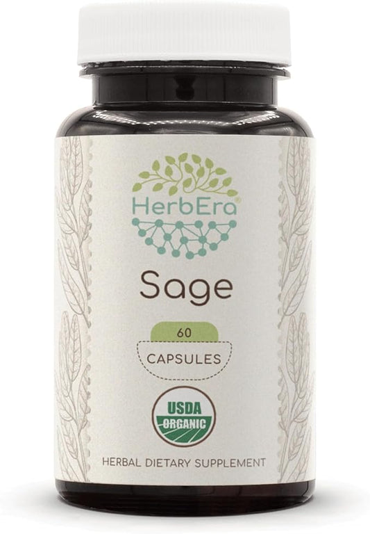 Sage USDA Organic 60 Capsules | Natural Herbal Supplement | Certified Organic Vegetarian Capsules and Organic Sage (Salvia officinalis) Dried Leaf (60 Capsules)