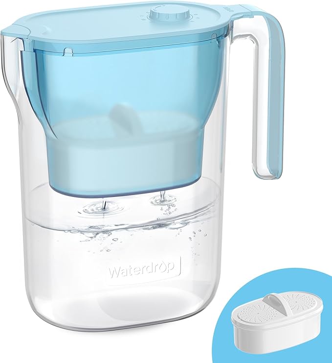 Waterdrop Water Filter Pitcher, 200-Gallon Long-Life, Countertop NSF Certified Water Purifier, Replaces 6,400 Plastic Water Bottles a Year, Reduces Chlorine, PFOA/PFOS, 7-Cup, Blue