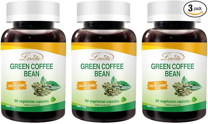 Lovita Green Coffee Bean Extract: Natural Antioxidant, High Potency, 50% Chlorogenic Acid, Vegan-Friendly Dietary Supplement - 60 Capsules (Pack of 3)
