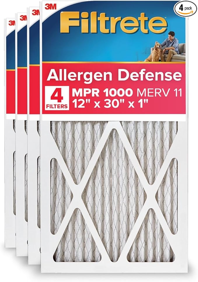 Filtrete 12x30x1 AC Furnace Air Filter, MERV 11, MPR 1000, Micro Allergen Defense, 3-Month Pleated 1-Inch Electrostatic Air Cleaning Filter, 4 Pack (Actual Size 11.81 x 29.81 x 0.81 in)