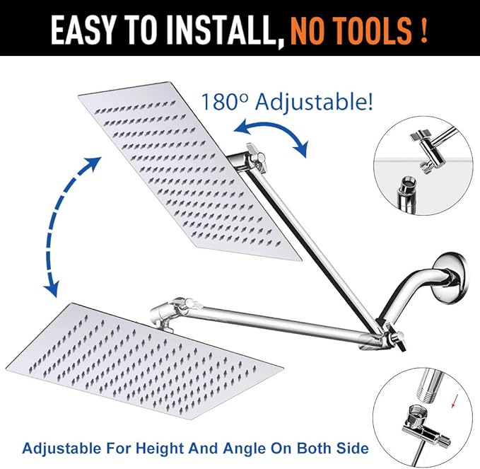 HarJue High Pressure Large Stainless Steel Square Rain ShowerHead With Shower Arm Waterfall Full Body Coverage Easy to Clean and Install (10 Inch with Arm, Chrome Finish)
