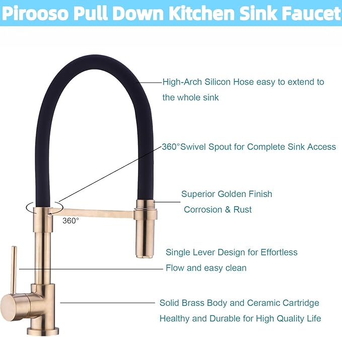 Gold and Black Kitchen Faucet, Kitchen Sink Faucet with Pull Down Spray, Solid Brass Kitchen Faucet with Silicon Hose 360 Swivel