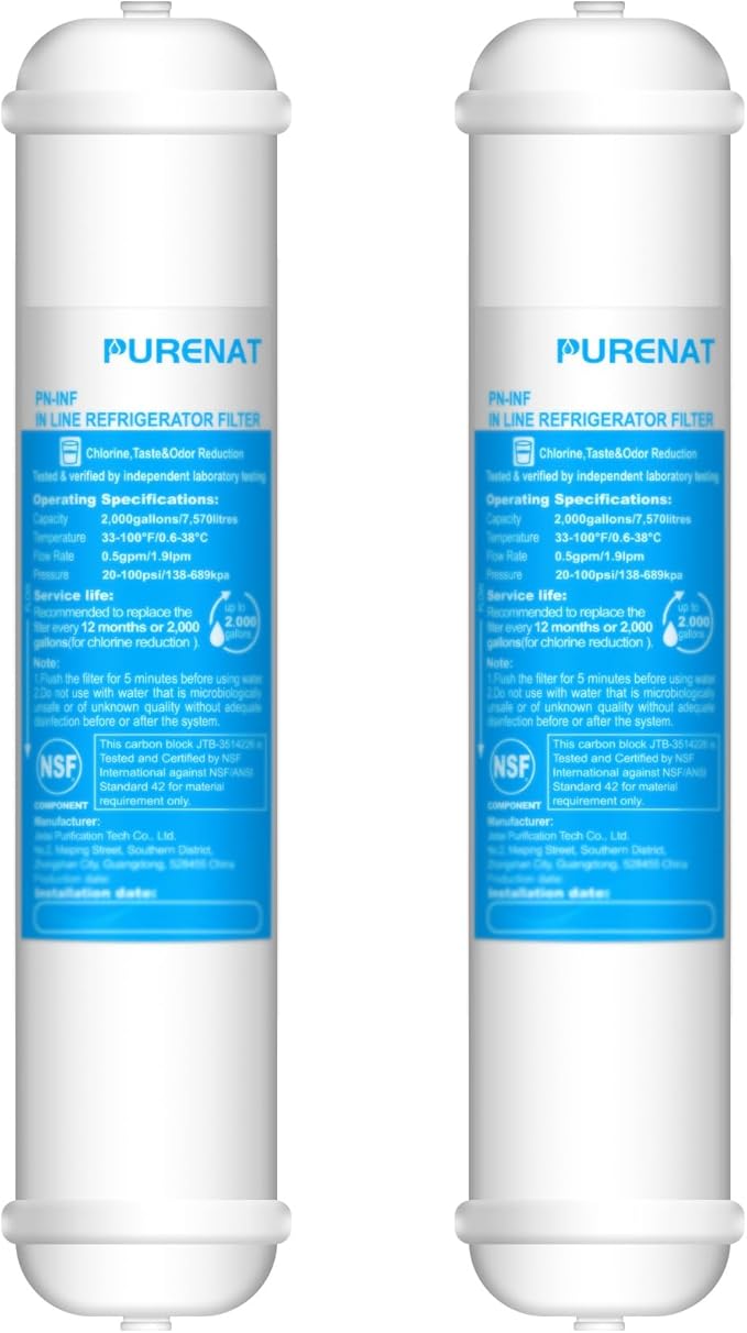Inline Water Filter for Refrigerator and Ice Maker(2 Pack),1/4" Push Connect Post Carbon Filter Replacement for Reverse Osmosis Water System