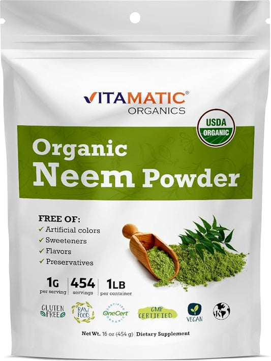 Vitamatic Certified USDA Organic Neem Leaf Powder – 1 lb (16 oz) 100% Pure Azadirachta Indica | Traditional Ayurvedic Herb for Skin, Immune, and Detox Support