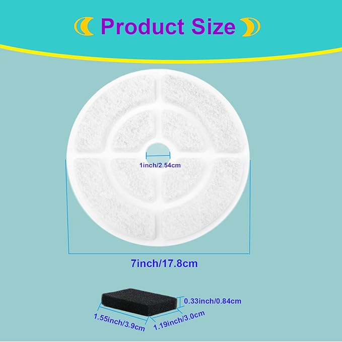 6 Pack Dog Water Filter Replacement for 2.5Gal/9.5L Dog Water Fountain,18CM Larger More Activated Carbon Cat Water Fountain Filter,Pet Fountain Filter Replacement