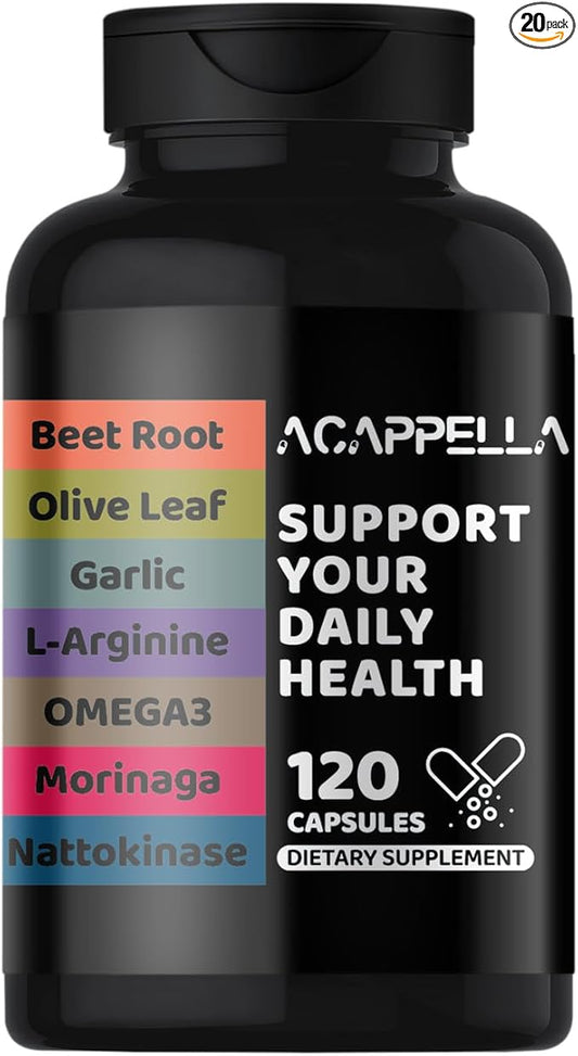 ACAPPELLA Beetroot, Olive Leaf, Garlic, L-Arginine, Omega-3, Morinaga, Nattokinase Supplements, Beetroot Capsules with Vitamin Complexes (1)