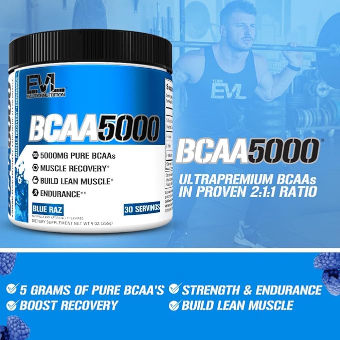 Evlution EVL BCAAs Amino Acids Powder - BCAA Powder Post Workout Recovery Drink and Stim Free Pre Workout Energy - 5g Branched Chain Amino Acids Supplement for Men - Blue Raz