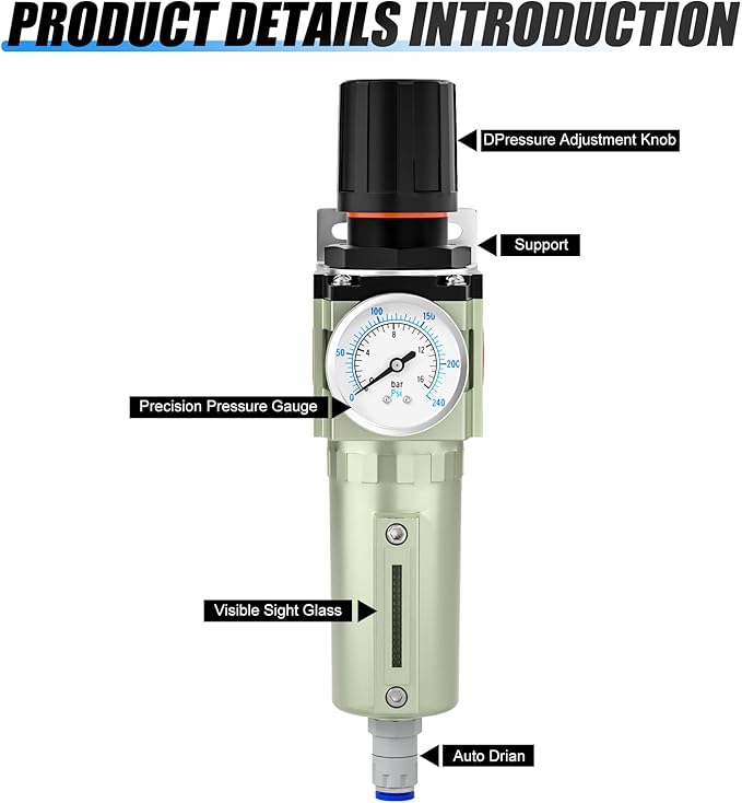 3/4" NPT Heavy Duty Industrial Grade Air Compressor Moisture Filter, Auto Drain, Particulate Filter and Air Regulator For Plasma Cutter and Paint Spray