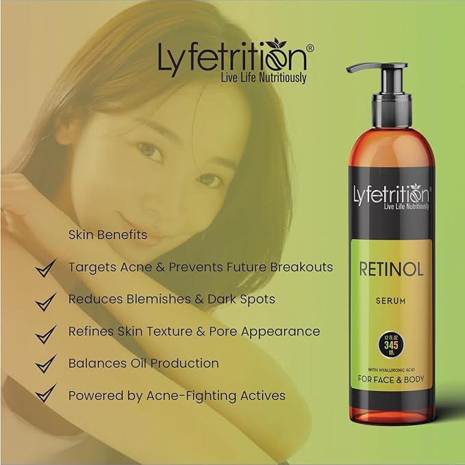 Retinol Acne Serum by Lyfetrition, Infused with Hyaluronic Acid and Vitamin C, Pomegranate & Green Tea,Face toner, Reduce Wrinkles, Pores and Fine Lines, Moisturize & Supple Skin, (12 FL oz)