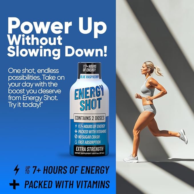 Energy Shot – 2 Servings – 100% DV B-Vitamins & 130mg Plant-Based Caffeine – Zero Calories, Sugar-Free, Vegan, Non-GMO – Energy & Productivity Support (1.93 Fl Oz (Pack of 8), Blue Raspberry)