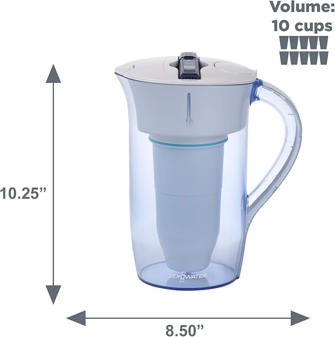 ZeroWater 10-Cup Round 5-Stage Water Filter Pitcher Dispenser with 5-Stage 0 TDS Zero Water Filter – IAPMO Certified to Reduce Metals, Chlorine, Lead, Chromium, and Forever Chemicals PFOA/PFOS