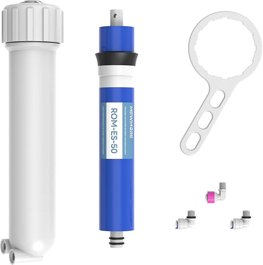 50 GPD RO Membrane Filter with Housing, Replacement Reverse Osmosis Membrane Fit Home Under Sink RO Drinking Water Filter Purifier Filtration System with Wrench, 1/4" Fitting, Check Valve