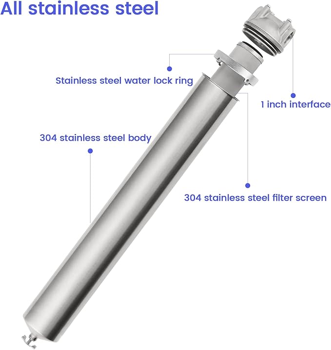 Amwater NSF/ANSI 42 Stainless Steel Whole House Water Filter Housing, 20" x 2.5" Sediment Water Filter System for Heavy Duty, Well & City Water, 1" NPT Port, Drain Valve Style A