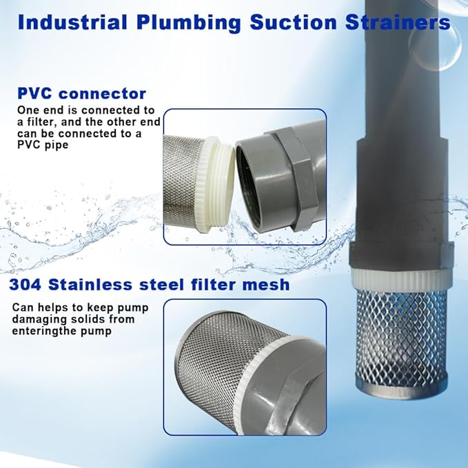 2" Stainless Steel Filter Cover Connected to 2 inch/DN50 Grey PVC Filter Water Pipe, Suction Strainers Used to Remove Debris and Reduce Solid Entry（1pcs）