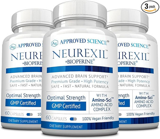Approved Science Neurexil - Natural Nootropic Support with DMAE - Enhance Brain Function, Sharpen Clarity, Boost Memory - L-Tyrosine, Ginkgo Biloba, Huperzine A, BioPerine - 3 Month Supply