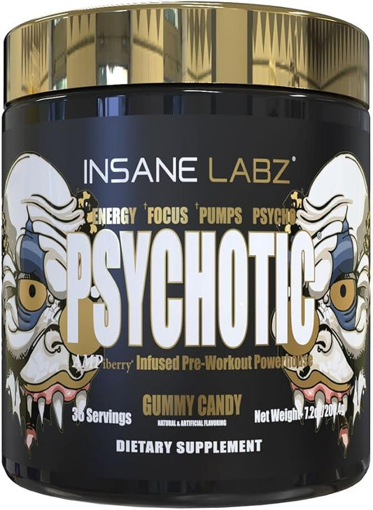 Insane Labz Psychotic Gold, High Stimulant Pre Workout Powder, Extreme Lasting Energy Focus, Pumps and Endurance with Beta Alanine, DMAE Bitartrate, NO Booster (35 Servings, Gummy Candy)