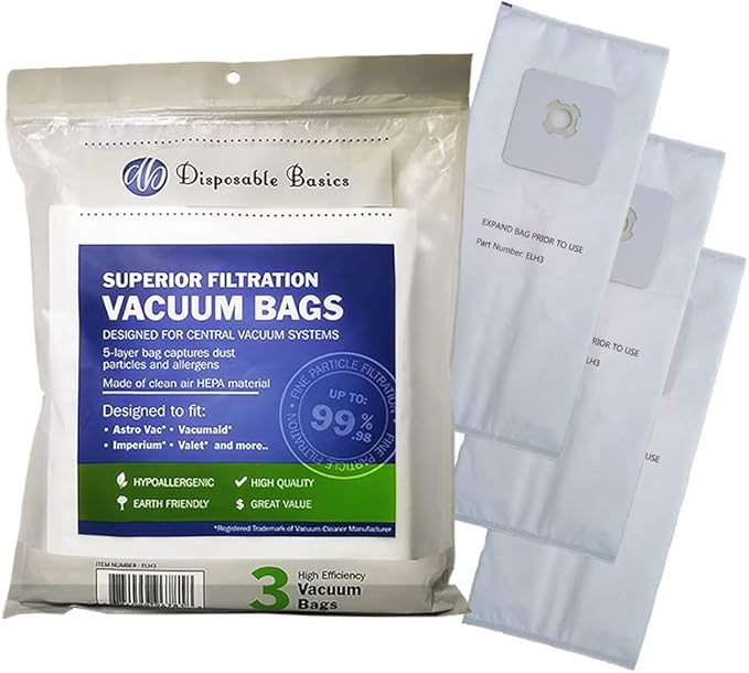 HEPA Filtration Bags ELH3 Replacement for AstroVac, Valet & VacuMaid Vacuums Part #HPB2H, Fits Models: H1P, P70, SR66, SR800, SR52H, ATQ300, GV30, GV50, GV30PRO & GV50PRO-by Disposable Basics(3 Pack)