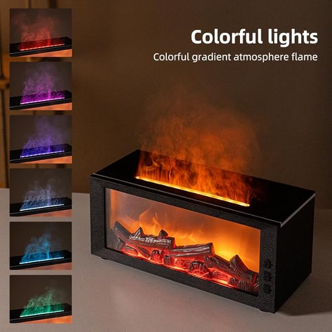 Fireplace Flame Diffuser & Humidifier – Ultrasonic Essential Oil Mist Maker with Remote, 7-Color LED Light, Bonfire Atmosphere for Home, Bedroom, Office (Black)