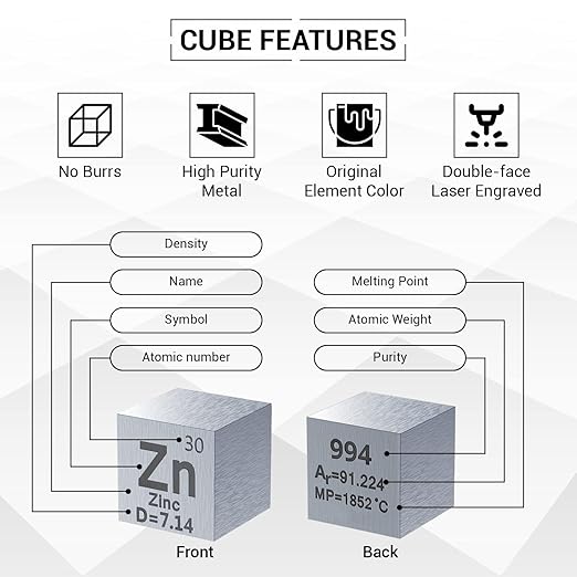 Zinc Cube - Metal Element Cubes - Laser Engraved Density Cube Set for a Periodic Table of Elements Collection - (Zinc, 10mm)