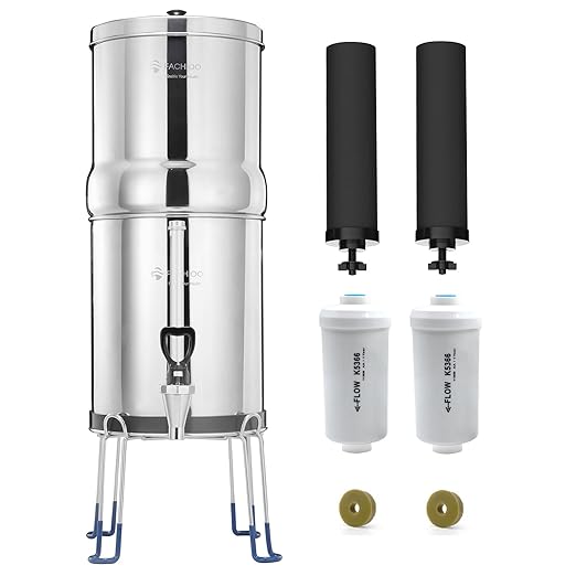 Gravity-Fed Water Filter System, NSF/ANSI 42&372 Standard, 2.25G Stainless-Steel Countertop System with 2 Black Elements, 2 Fluoride, Metal Water Level Spigot, Reduces Fluoride and Chlorine