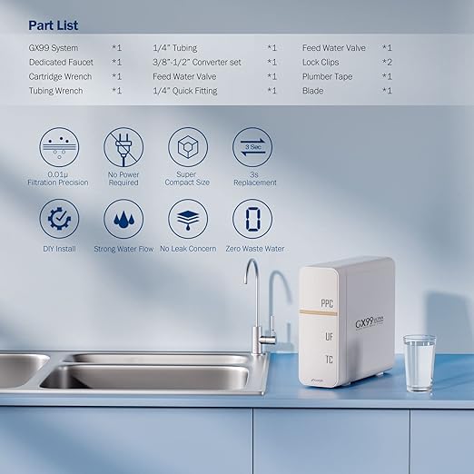 Frizzlife GX99 Water Purification Unit - 0.01 Micron Ultra Filtration, Integrated Waterway Design, Twist To Replace & DIY Install, Fast Water Flow & No Power Required