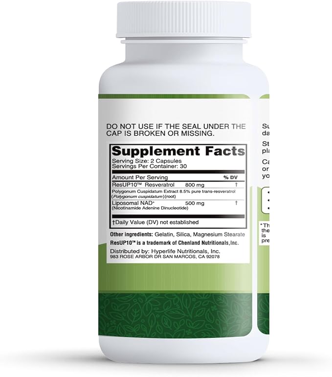 500mg Liposomal NAD+ Supplement, 800mg ResUP10 Resveratrol Complex, Support Aging Health & Cellular Energy, Cardiovascular Supplements,Antioxidant Formula for Men & Women, 30 Servings