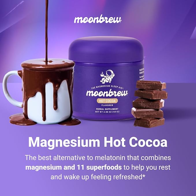 MoonBrew Nighttime Magnesium Hot Cocoa, Natural Sleep Aid Drink Mix for Adults, 3-Pack - Calming Melatonin-Free Sleep Support - Sleepy Hot Chocolate Powder with L-Theanine, Chamomile & Zinc Glycinate