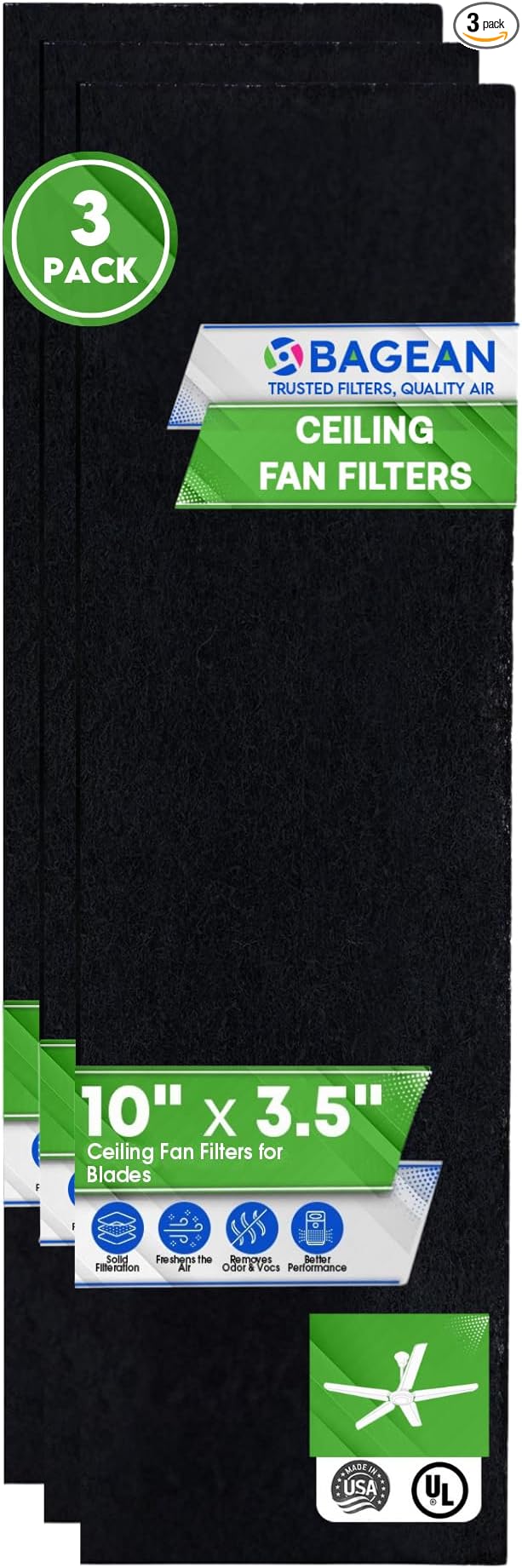 Ceiling Fan Filters for Blades - Coconut Shell Activated Carbon Unscented Dust Catcher Ceiling Fan Filter - Easy Peel & Stick on Fans - Blade Air Purifier Pads Removes Odors & Freshens the Air (3-Pcs)