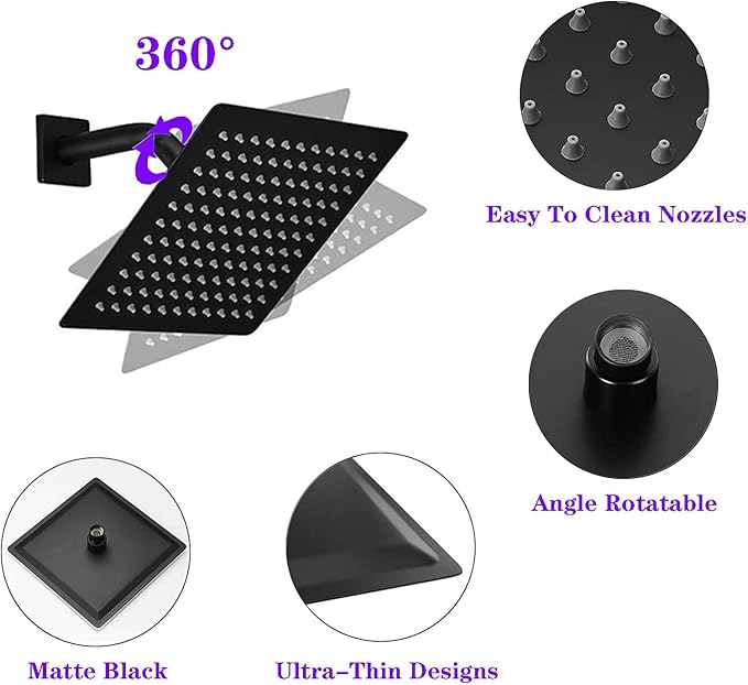8"High Pressure Square Rain Shower Head and 2-in-1 Hand Shower.Equipped with 78"Hose, 3 Way Diverter Valve,Adhesive Shower Head Holder.(AWAXFOLO Square Shower Head Set Black)