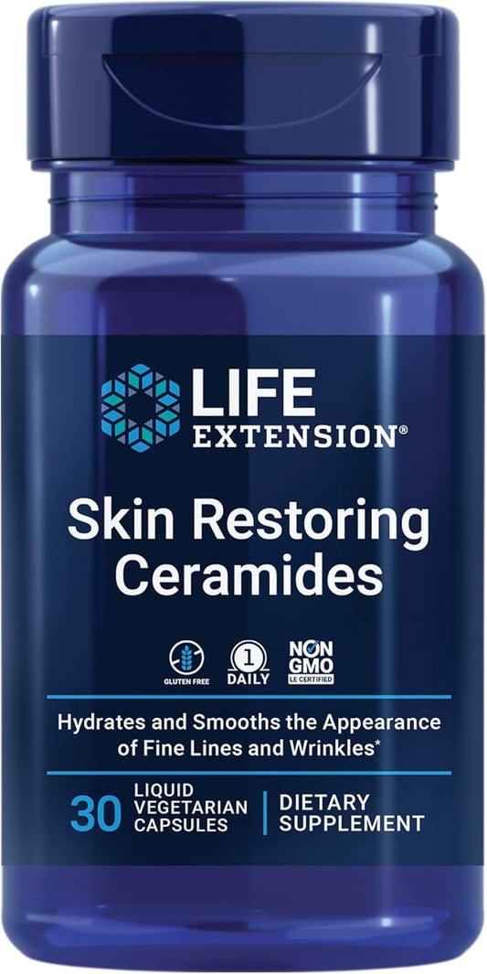 Life Extension Skin Restoring Ceramides* – Wheat Oil Extract – Hydrates & Smooths The Appearance of Fine Lines & Wrinkles – Gluten-Free, Non-GMO, 1-Daily, Vegetarian – 30 Liquid Capsules