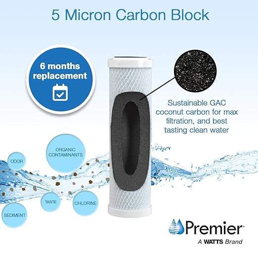 Watts Premier H2O-F14 Pure H2O 5-Micron Sediment Water Filter Replacement for H2O-DWCB200 and H2O-DWUF300 Under Counter Water Filtration Systems, Push Button Design