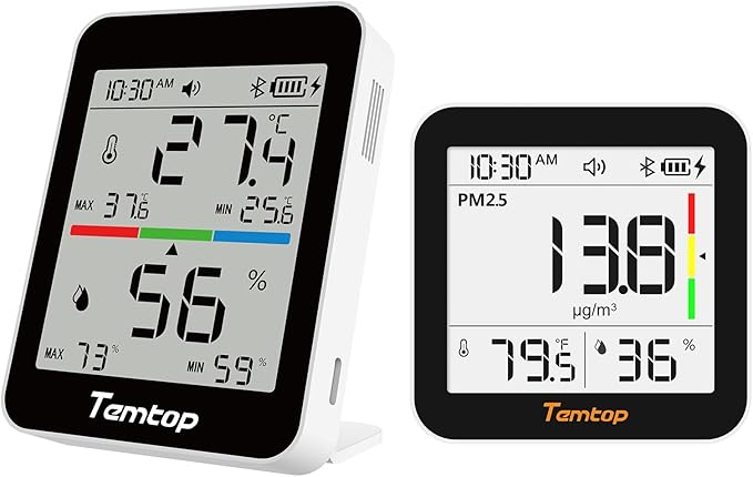 Temtop M10+ Air Quality Monitor T1 Themometer Combo, 6-in-1 CO2, PM2.5, VOC Detection with Humdity Meter