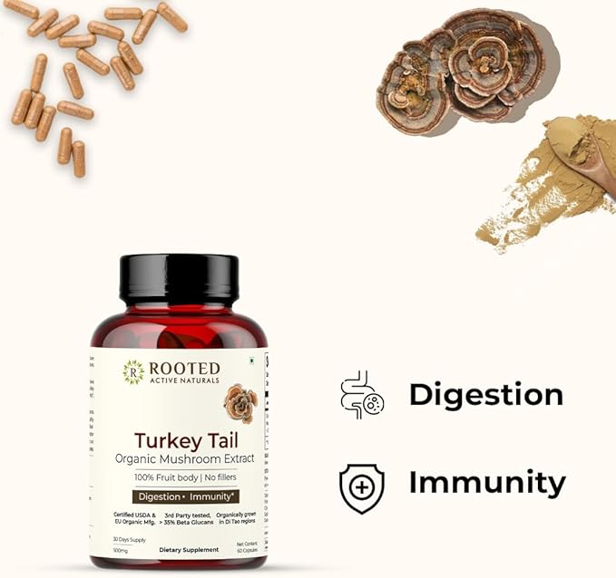 ROOTED Active's Turkey Tail Mushroom Extract Capsules (60 Veg Caps, 500 mg) | Heart Health, Stress Relief, Liver. USDA Organic, 35% Beta Glucans, Certified Organic