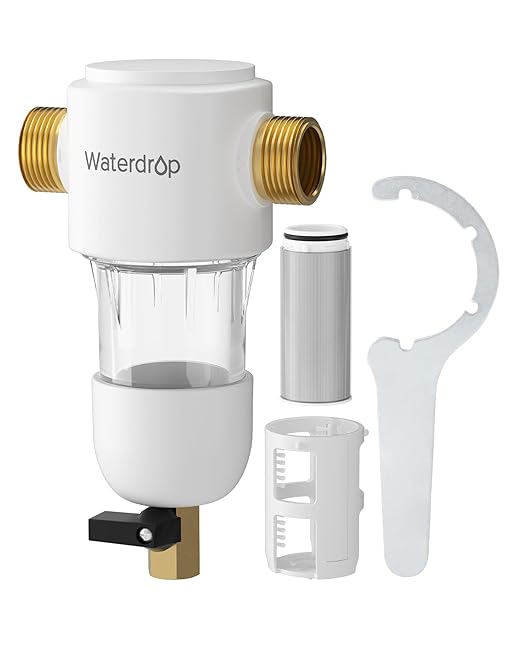 Waterdrop Spin Down Sediment Filter, Reusable Whole House Water Filter System, Flushable Pre-Filter System for City/Well Water, 50 Micron, 1" MNPT + 3/4" FNPT, WD-PF01