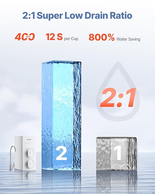 VEVOR Reverse Osmosis System, 400 GPD 8-stage Tankless Reverse Osmosis Water Filter, Certified Under Sink Water Filtration System, 2:1 Pure to Drain, Reduces TDS, Lead, Chlorine, Bad Taste, Odor