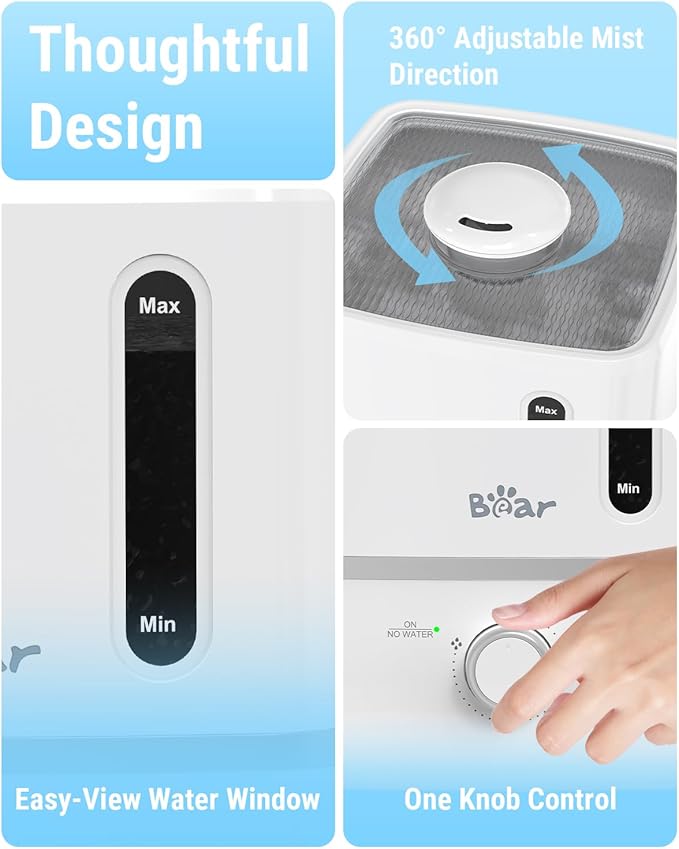 Bear Humidifiers for Bedroom, 3L Cool Mist Humidifiers and Oil Diffuser, Quiet Rapid humidifiers for Home Whole House, with Adjustable Mist Output and Auto Shut-off, White