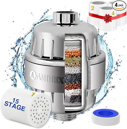 Chrome 15 Stage Shower Head Filter for Hard Water - High Output, Reduces Chlorine, Dry Skin & Itchy Scalp - Includes 4 Replaceable Filter Cartridges