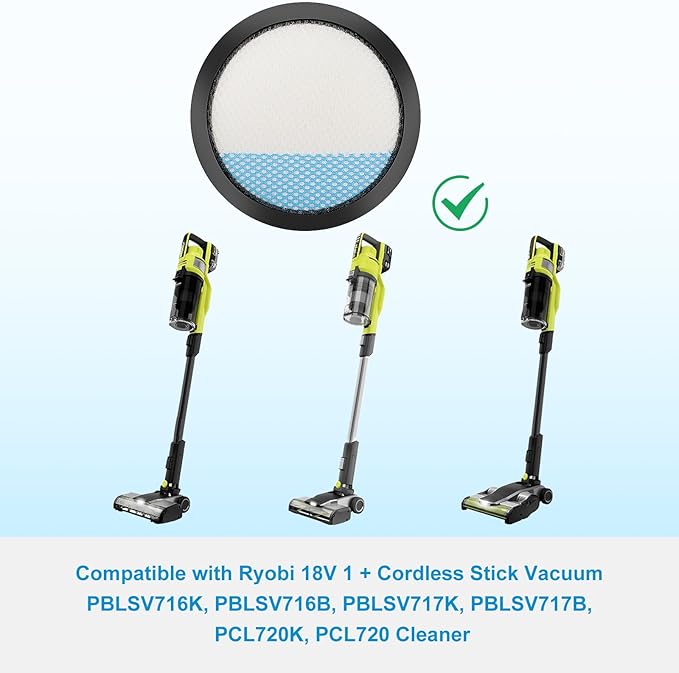 18V ONE + Cordless Pet Stick Vacuum Filter for Ryobi, PCL720, PBLSV716, PBLSV717 Stick Vacuum, Reusable Washable Filters, Compare to Part A32SV720N, 6 Pack