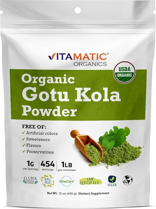 Vitamatic Certified USDA Organic Gotu Kola Powder – 1 Pound (16 Ounces) – Natural Brain & Circulatory Support – Non-GMO & Gluten-Free