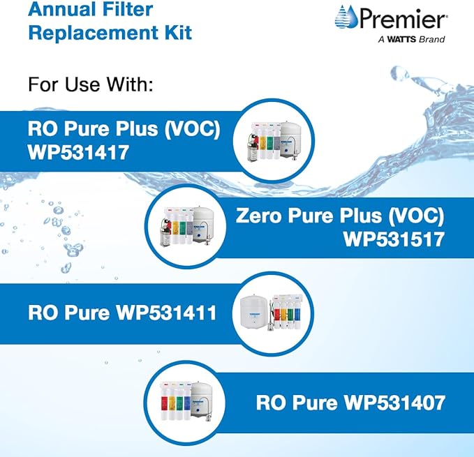 Watts Premier Annual RO Pure Plus 5-Pack Filtration Kit for 4 Stage Pure Plus/Zero Pure Plus Reverse Osmosis System, Push Button Water Filter Replacement, 2 Sediment Filters, 2 Carbon Pre-Filters, VOC