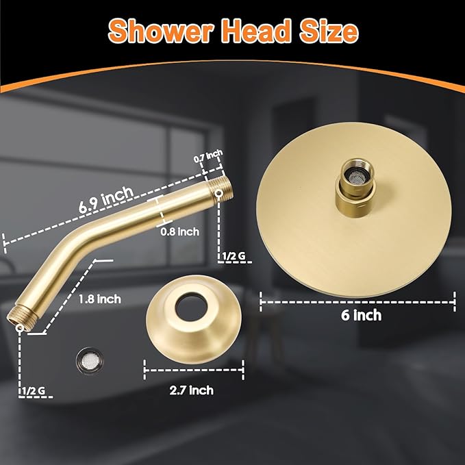 6 Inch Round Rainfall Shower Head with Stainless Steel Arm High Pressure Water Saving Anti-Clog Nozzles Easy Install for Bathroom/Bathtub
