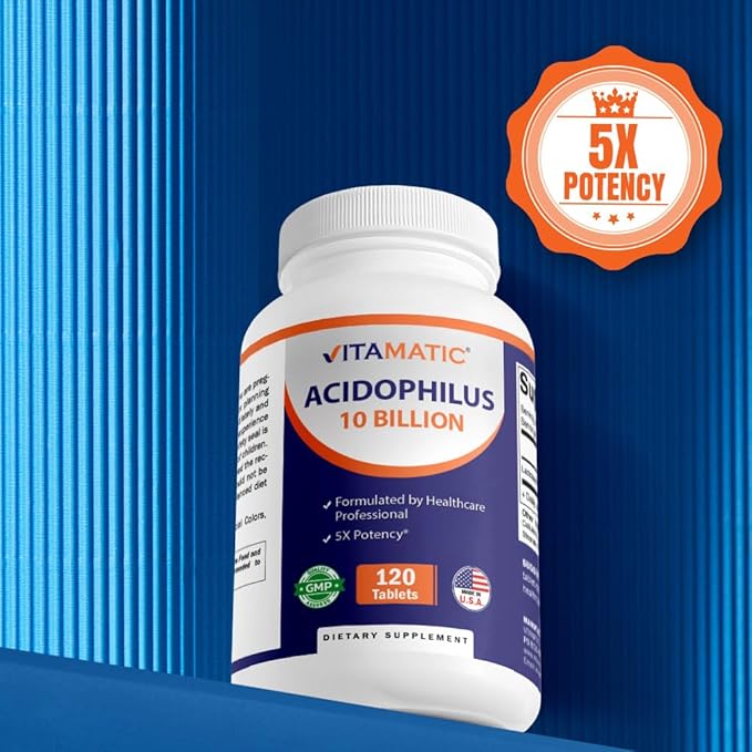Vitamatic Acidophilus Probiotic - 10 Billion CFU - 5X Potency - Daily Probiotic Supplement, Supports Digestive Health - 120 Tablets
