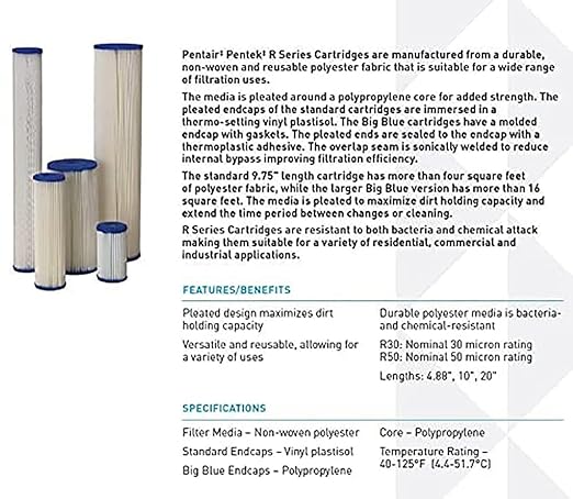 Pentair Pentek R30-20BB Big Blue Sediment Water Filter, Whole House Pleated Polyester Filter Cartridge, 20" x 4.5", 30 Micron, White